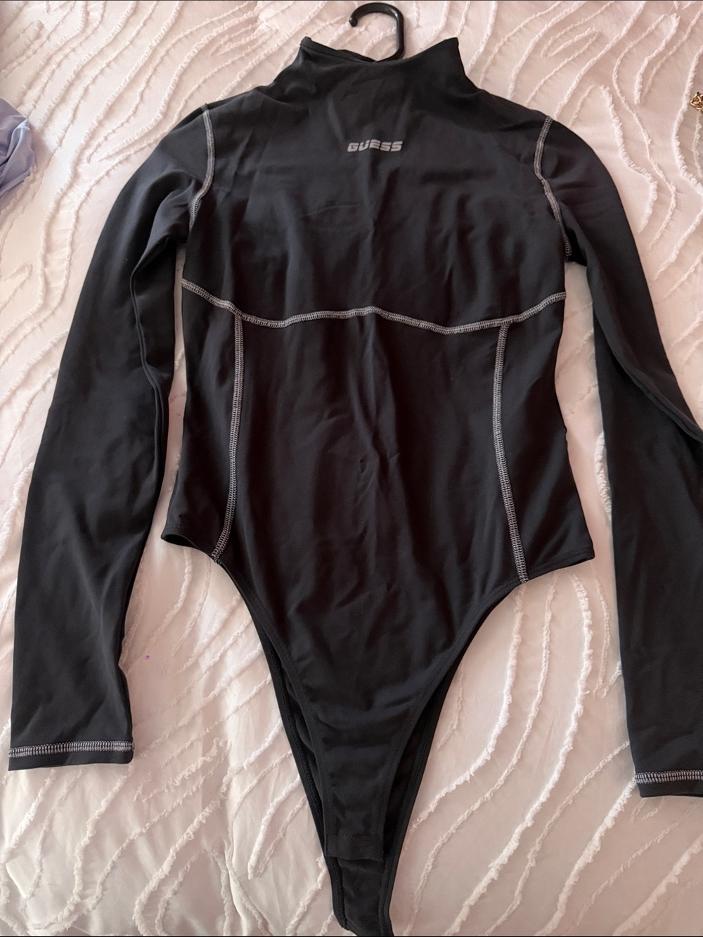 Guess Black Long Sleeve Turtleneck Bodysuit with Contrast Stitching